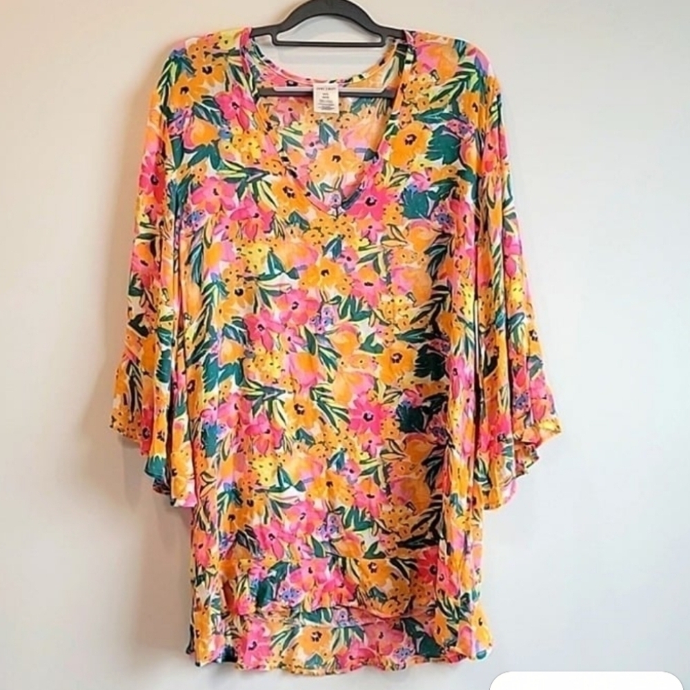 Anne Cole Floral V Neck Flounce Cover Up XS S